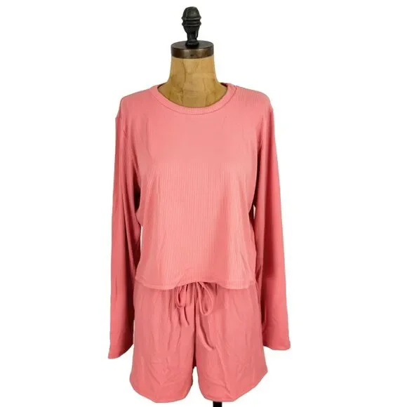 CAPELLA Pajama Loungewear Set L Ribbed Pink Knit Long Sleeve Top / Shorts NWT B3