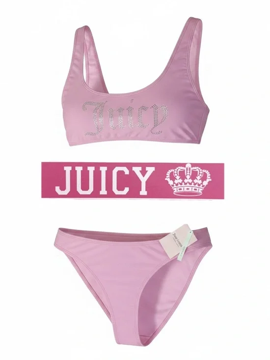 Juicy Couture 2-pc Bikini Lt Pink Rhinestones Scoop Neck High-Cut Sz Lg NEW NWT