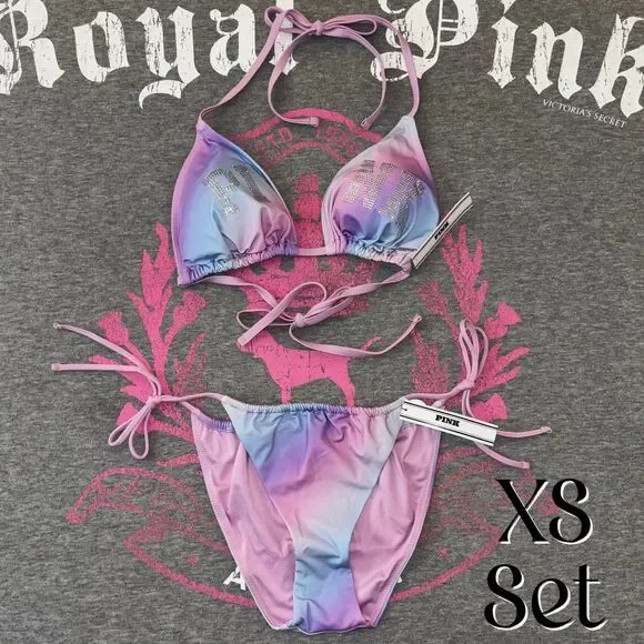 Victorias Secret PINK Rainbow Ombre Cotton Candy Bling String Bikini Set XS