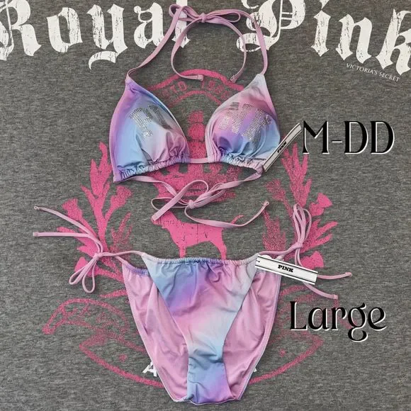 Victorias Secret PINK String Bikini Set Rainbow Ombre Cotton Candy Bling M-DD