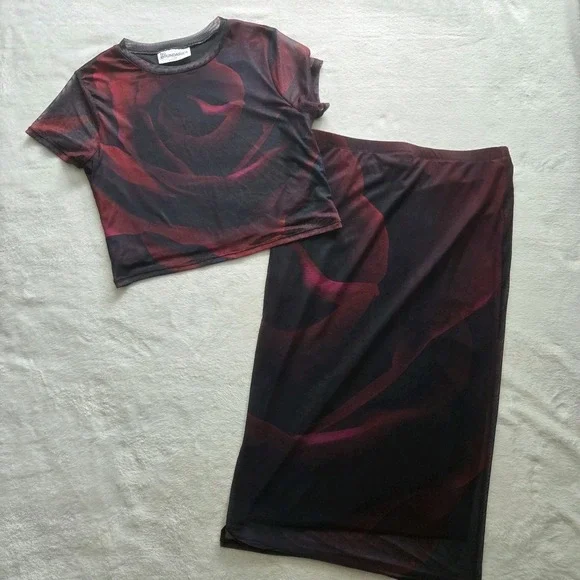 Y2K No Boundaries Two Piece Crop Shirt Skirt Mesh Dark Rose Short Sleeve Sz Lg