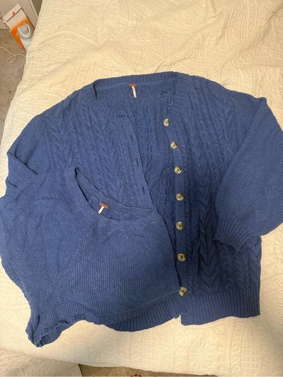 Free People Deep Blue Cable Knit Cardigan with Matching Shorts