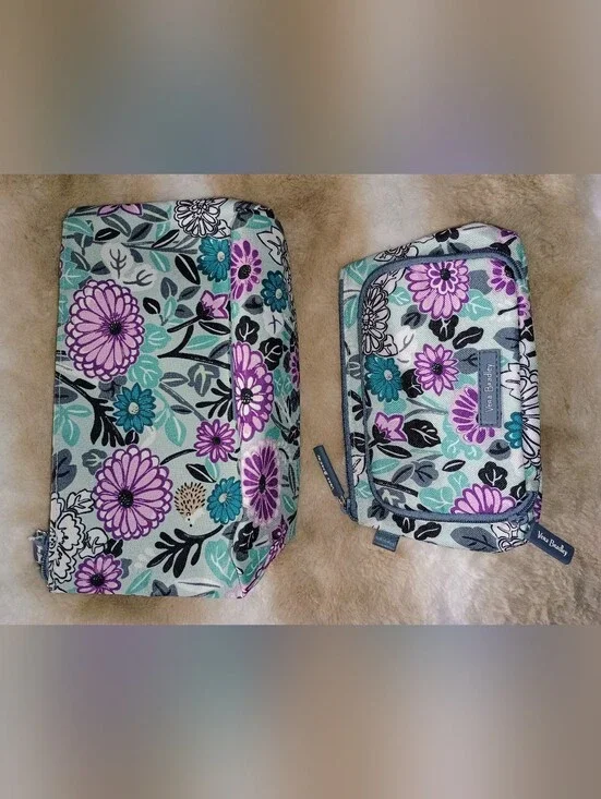 Vera Bradley Floral Zip Pouch Set in Teal, Purple & Black
