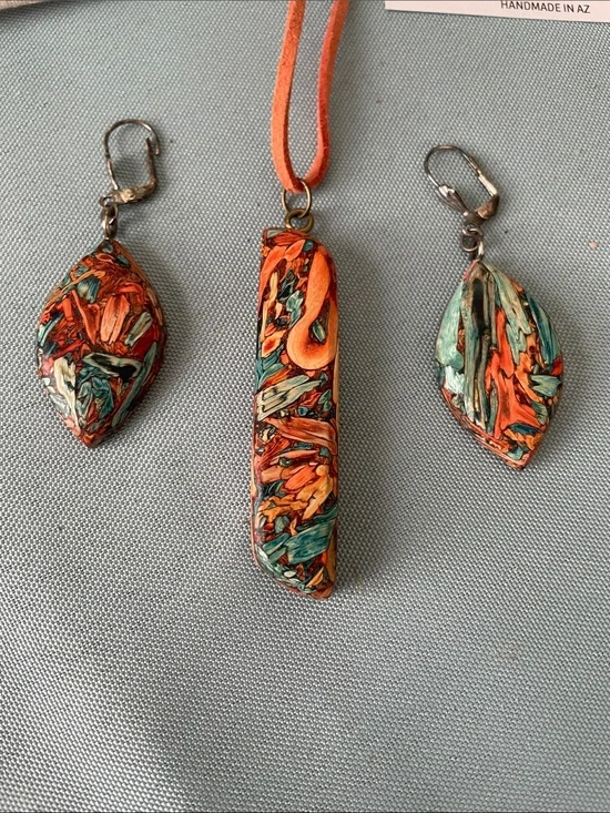 Handmade Arizona Tumbleweed Orange Teal Multicolor Pendant & Earrings Set