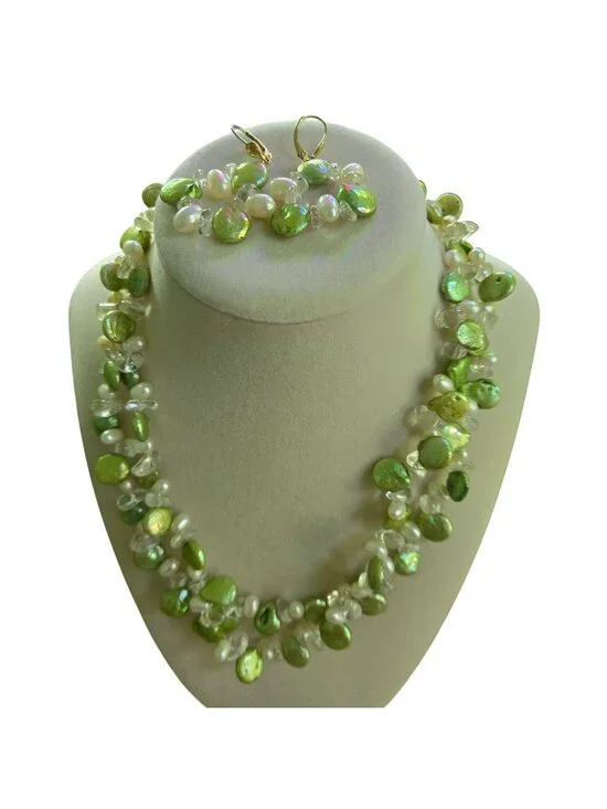 Vintage Green Coin Pearl Fresh Water Pearl Double Strand Necklace Earring Set