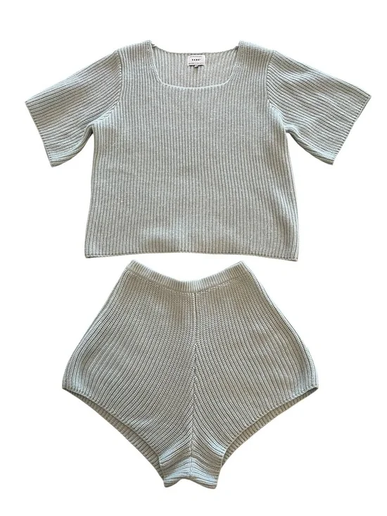 Sabo Light Blue Knit Two-Piece High Waisted Lounge Resort Vacation Short Set-XS