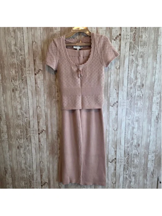 Women's two pieces Pink Rose Pink Knit Wide Leg Pants and blouse Set M NWOT