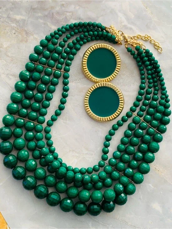 Emerald Green Multi-Strand Acrylic Beaded Necklace and Earrings Set