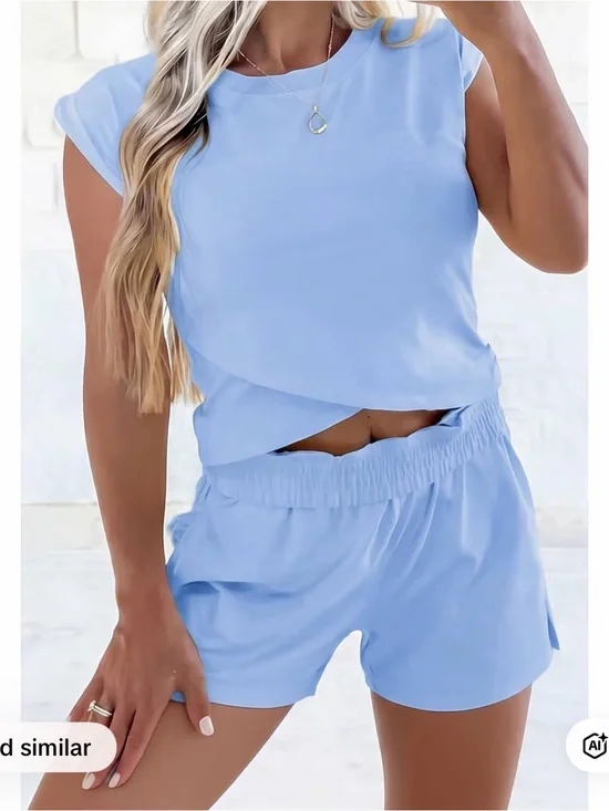 Women 2 Piece Short Casual Set Light Blue