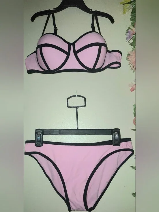 Women’s Pink Contrast-Trim Bikini Set