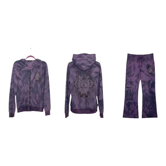 T Party Jacket Low Rise Pants Bundle Set Gothic Rhinestone Tie Dye Purple Gray L