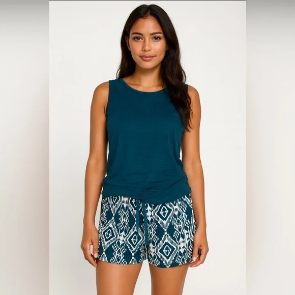NWT 2 Piece Cozy Pajama Set Serra Teal Tank Top Ikat Print shorts Gift Ready Sm