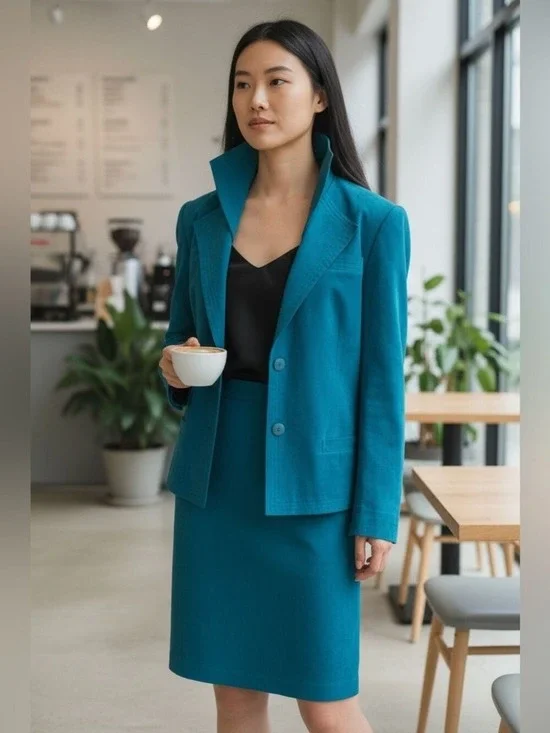 CHARLES KLEIN 2PC 90s ULTRA SUEDE TEAL RELAXED FIT DBL LAPEL BLAZER & SKIRT 12