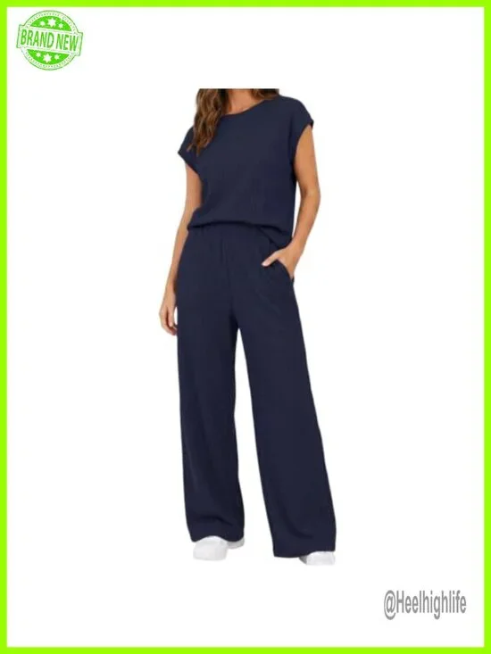 Waffle Knit 2 Piece Lounge Set with Cap Sleeves Top & Wide Leg Pants with