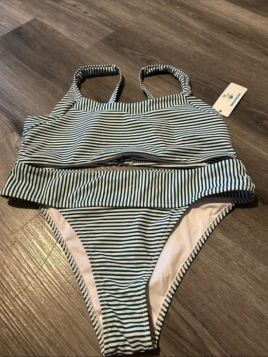 Striped Green and White women’s Two-Piece Swim Set