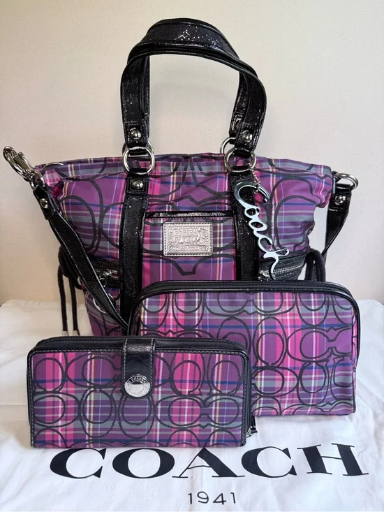 Coach Poppy Plaid Trio — Satchel + Wallet + Makeup Case - EUC + Dust Bag