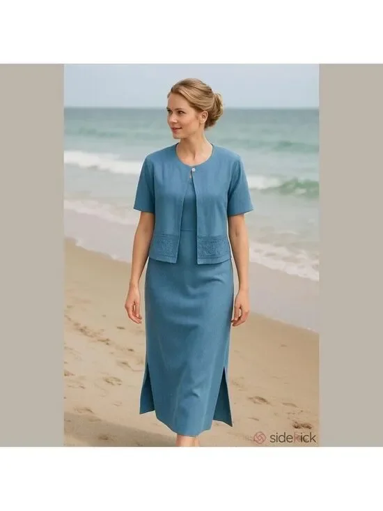 80s 2PC TALBOTS CORNFLOWER BLUE COASTAL SHEATH DRESS & JACKET W EMBROIDERY SZ 16