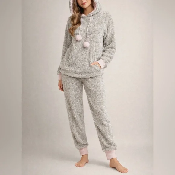 Francesca’s Cozy Fuzzy Pajama Lounge Set Grey Pink Pom Pom Hoodie Size M/S