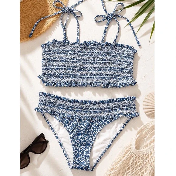 Tory Burch Blue and White Smocked Bikini Set