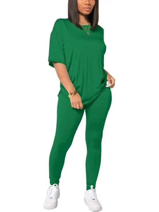 Women's Dark Green 2 Piece Outfits Summer Sweatsuits Drop Shoulder Tracksuits