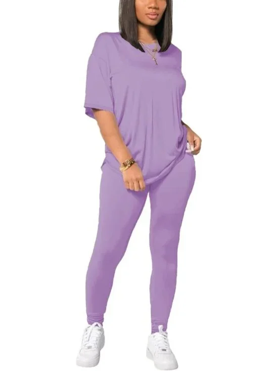 Women's Light Purple 2 Piece Outfits Summer Sweatsuits Drop Shoulder Tracksuits