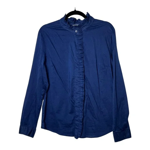 New York & Company Navy Blue Ruffle Front Cotton Blouse XL Long Sleeve Top