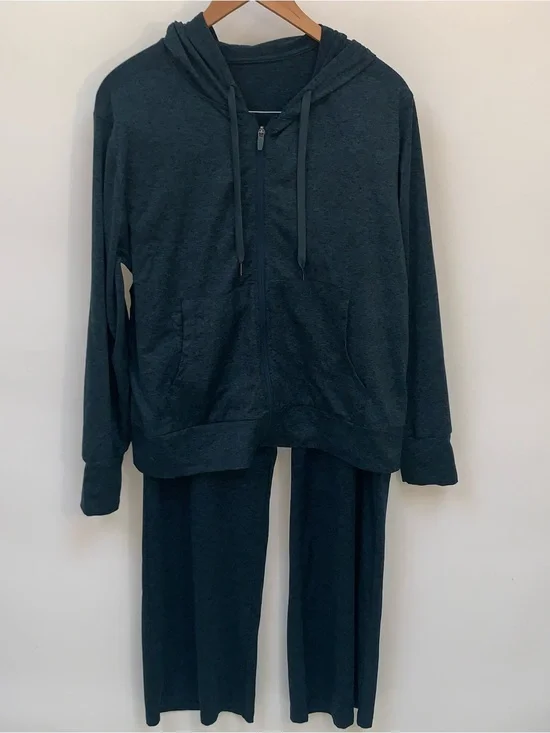 QUINCE Flowknit Zip Up Jacket & Wide Leg Pants Heather Green Set Sz L Comfy