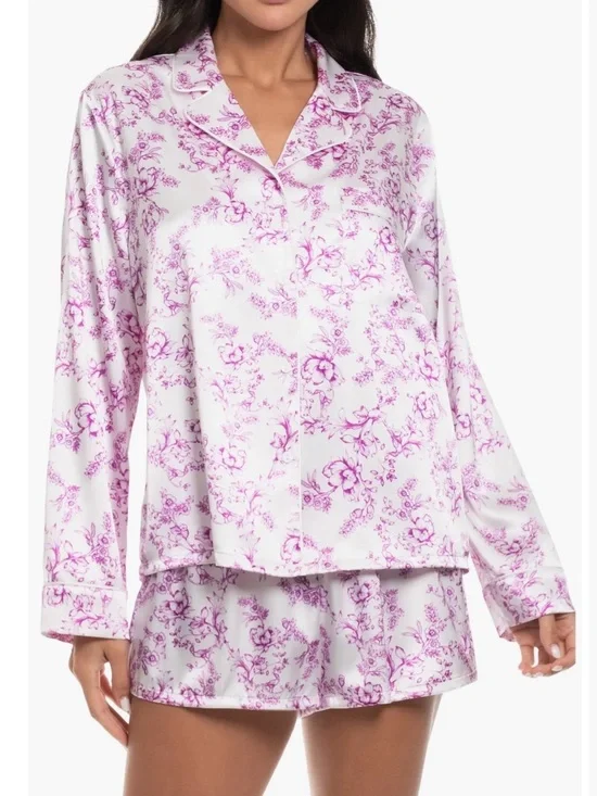 Floral Satin Two-Piece Pajama Set - Pink on White NWOT