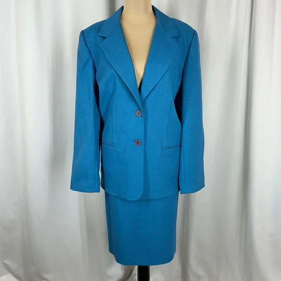 Leslie Fay Haberdashery Petite Blue Skirt Suit 2 Pc Set Size 16P Career