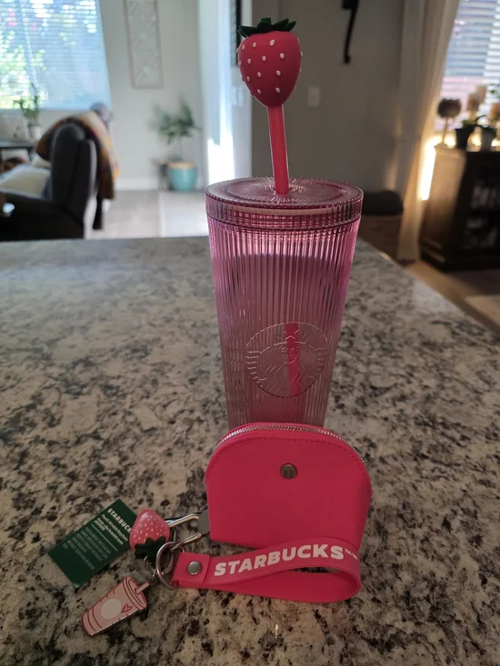 Starbucks Pink Ribbed Tumbler with Strawberry Straw