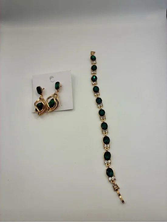 Gold-Tone Green Crystal Bracelet and Earring Set