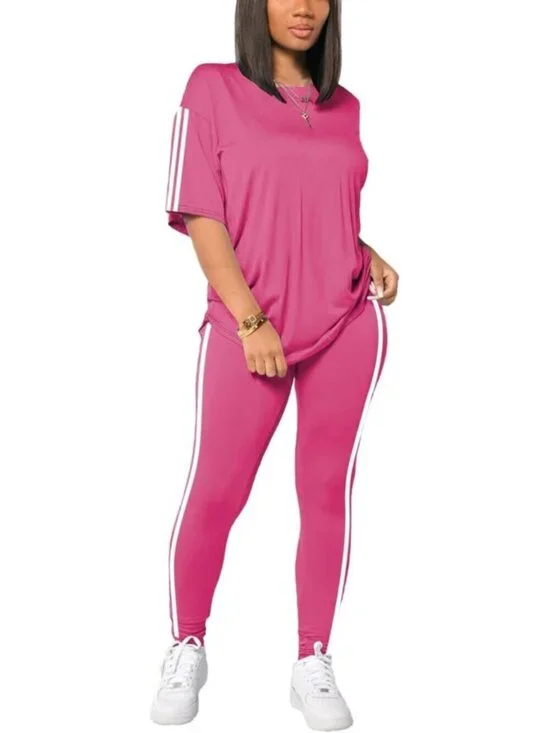 Women's Rose Red 2 Piece Outfits Summer Sweatsuits Drop Shoulder Tracksuits
