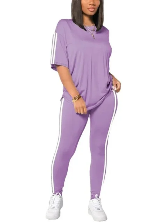 Women's Purple 2 Piece Outfits Summer Sweatsuits Drop Shoulder Tracksuits