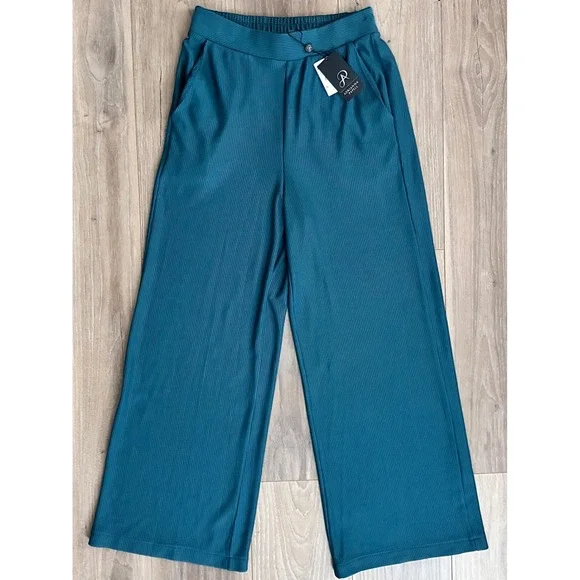 Adrianna Papell Teal Blue Ribbed Wide Leg Pants Smocked Waist SM Flowy Elegant