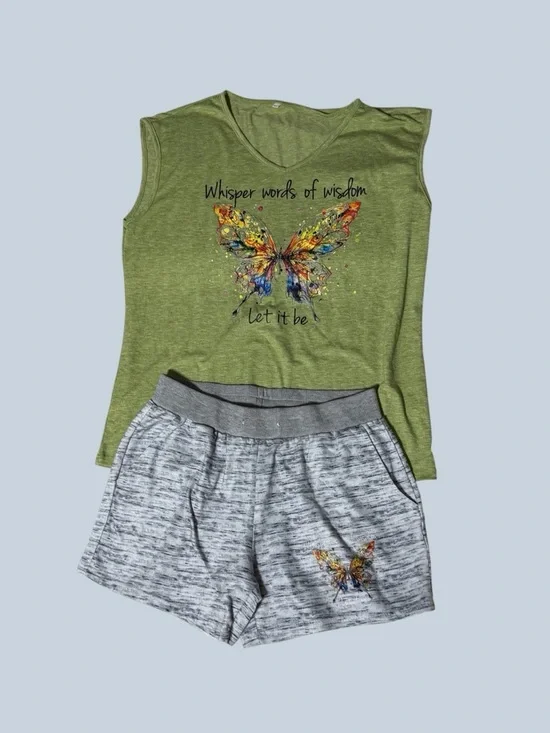 Whisper Words of Wisdom, LET IT BE Green Butterfly Top and Gray Shorts Set