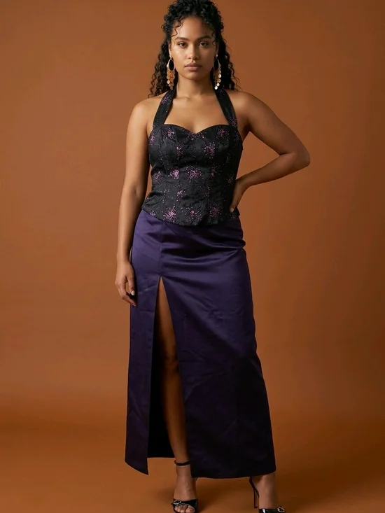 Custom Designed 2-Piece Purple Prom Dress Set | Corset Halter Top & Satin Maxi S