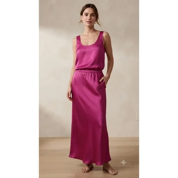 Old Navy 2-Piece Set Women Large Pink Satin Tank & Maxi Skirt Matching Set NEW