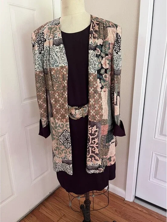 Vintage CCMC Burgundy Dress with Patterned Jacket and Belt Set
