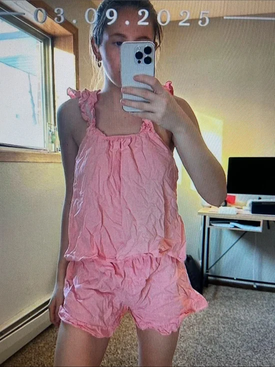 Women's Pink Ruffle Strap Sleep Set