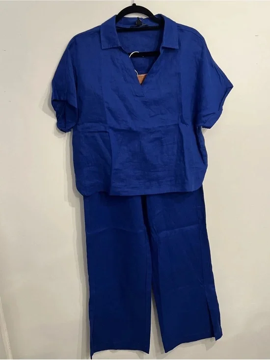 Women's Royal Blue Linen Two-Piece Set Pants & Top
