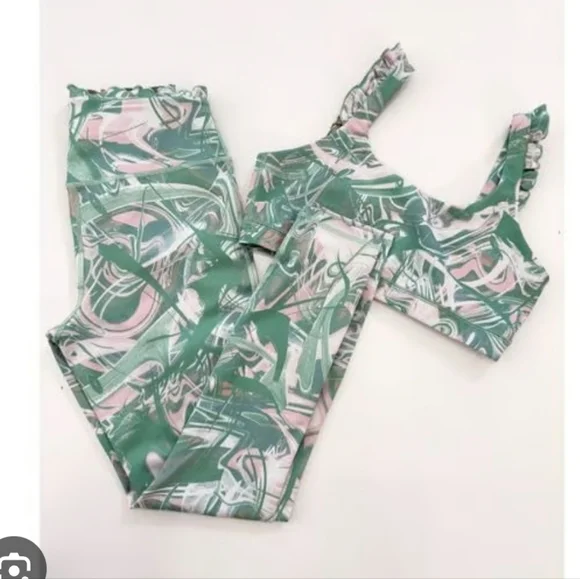 Abstract Green & Pink High-Waist Leggings Set with Matching Sports Bra
