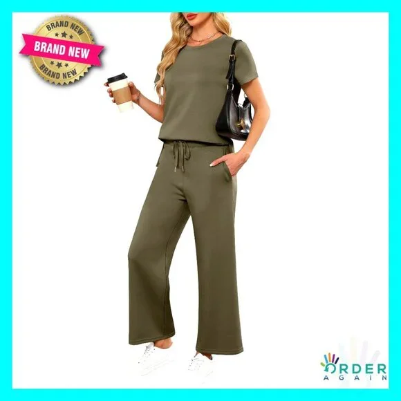 Two Piece Lounge Set Loose Fit Wide Leg Tracksuit Summer Travel Casual Outfit