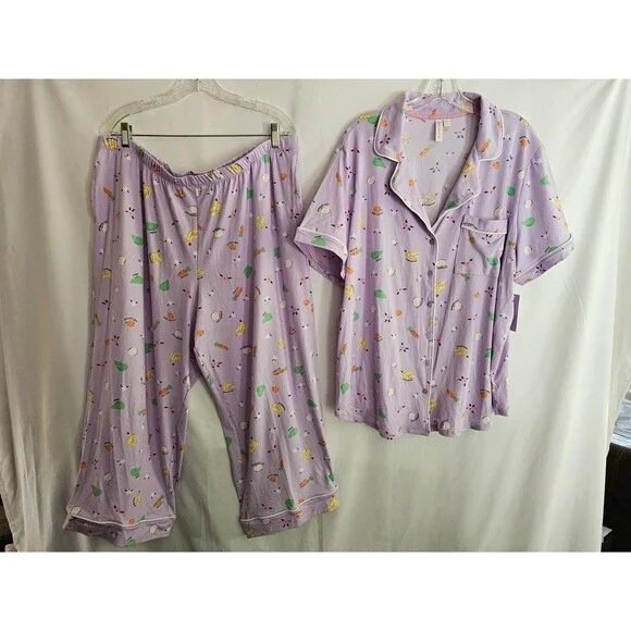 Joyspun NWT Womens 2X Pajama Set Purple Fruit Print Button Front Short Sleeve