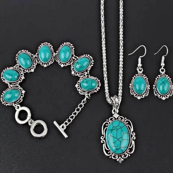 Turquoise Oval Pendant Necklace, Bracelet & Earring Set - Women Jewelry
