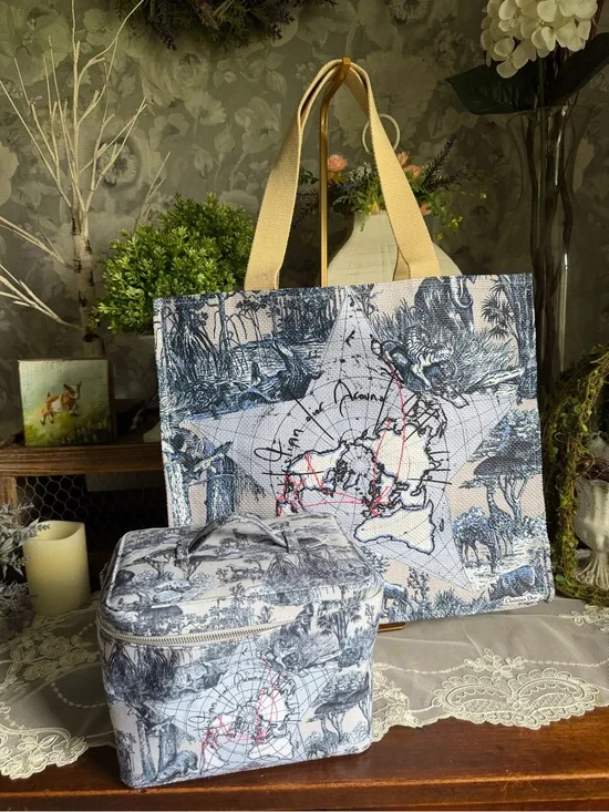 NWOT Dior Canvas Travel Tote and Cosmetic Case in Blue Map Globe Print