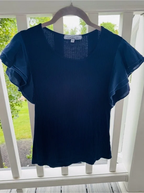 NWT Red Haute Navy Ribbed Short Sleeve Double Ruffle Top, XS