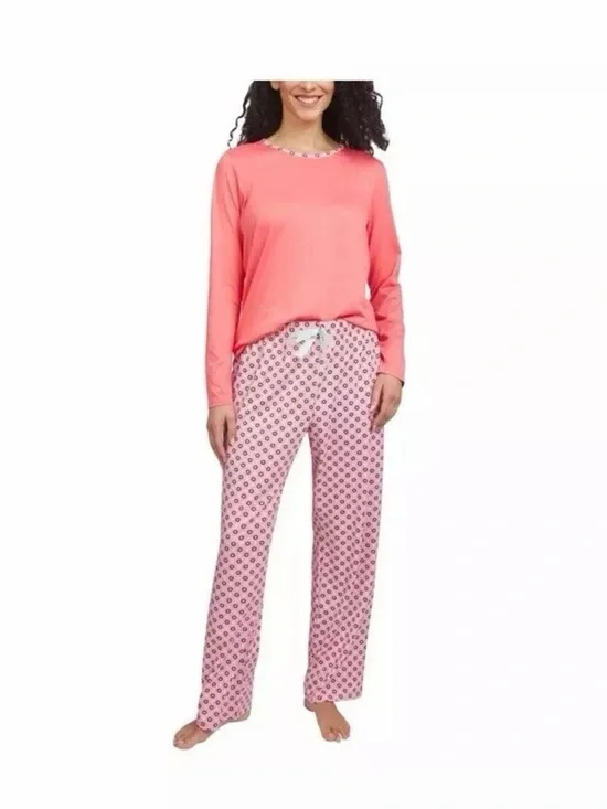 Lands' End Coral Pink Long-Sleeve Pajama Set with Printed Pants