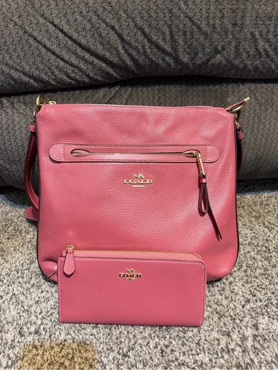 COACH Pink Pebbled Leather Crossbody with Matching Zip Wallet