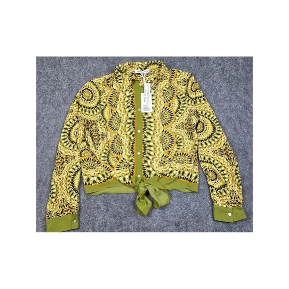 Rose Olive Geometric‎ Print Button Up Shirt Women's Green