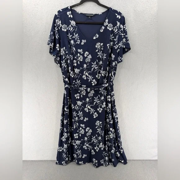 41 Hawthron Dress Womens 2X Navy White Flutter‎ Sleeve Botanical Garden Office